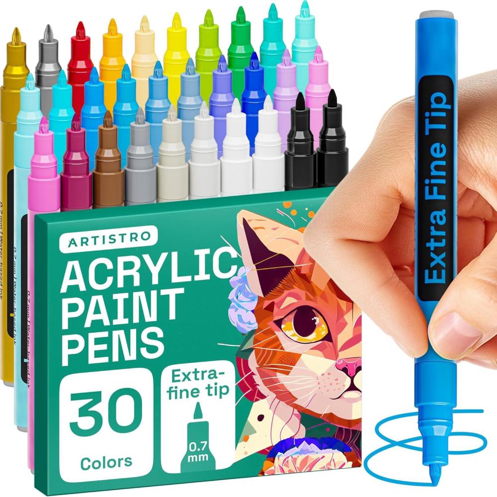 imageARTISTRO 30 Acrylic Paint Pens Art Set Acrylic Paint Markers Fabric Markers for Textile Canvas Rock Glass Wood Paper DIY for Kids and Adults Extra Fine30 Extra Fine Tip
