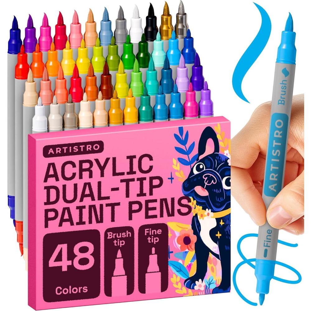 imageARTISTRO 48 Acrylic Paint Pens Dual Tip Brush Fine Ideal for Calligraphy Acrylic Paint Markers for Fabric Rock Glass Wood DIY Art Supplies Stocking Stuffers Christmas Gift Idea