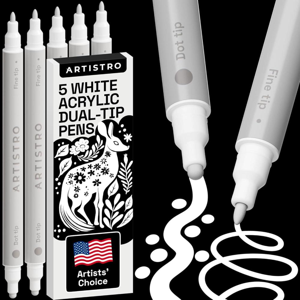 imageARTISTRO 5 White DualTip Acrylic Paint Pens 5mm Dot 1mm Fine Tips Multisurface Markers for Fabric Glass ampamp More
