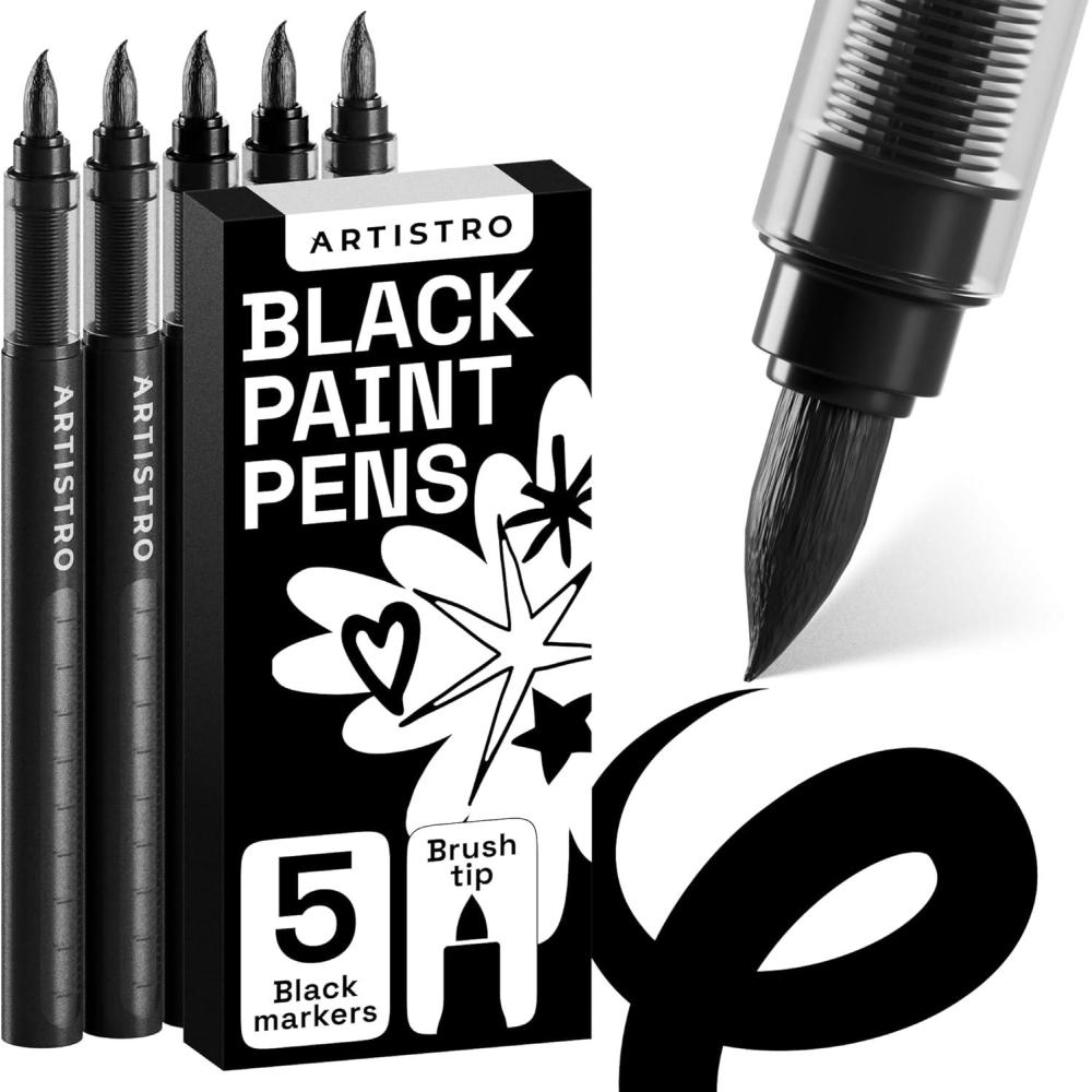 imageARTISTRO 5 White Paint Pen for Rock Painting Stone Ceramic Glass Wood Tire Fabric Metal Canvas Set of 5 Acrylic Paint White Marker Waterbased Extrafine TipBlack