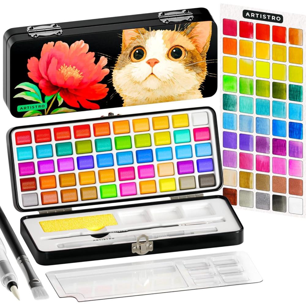 imageARTISTRO 50 Colors Watercolor Paint Set Portable Paint Set with Palette and Brush Pens Travel Water Color Kit for Adults Professionals Kids Art and Painting Supplies Christmas Gift Idea50 Watercolor Paint Set