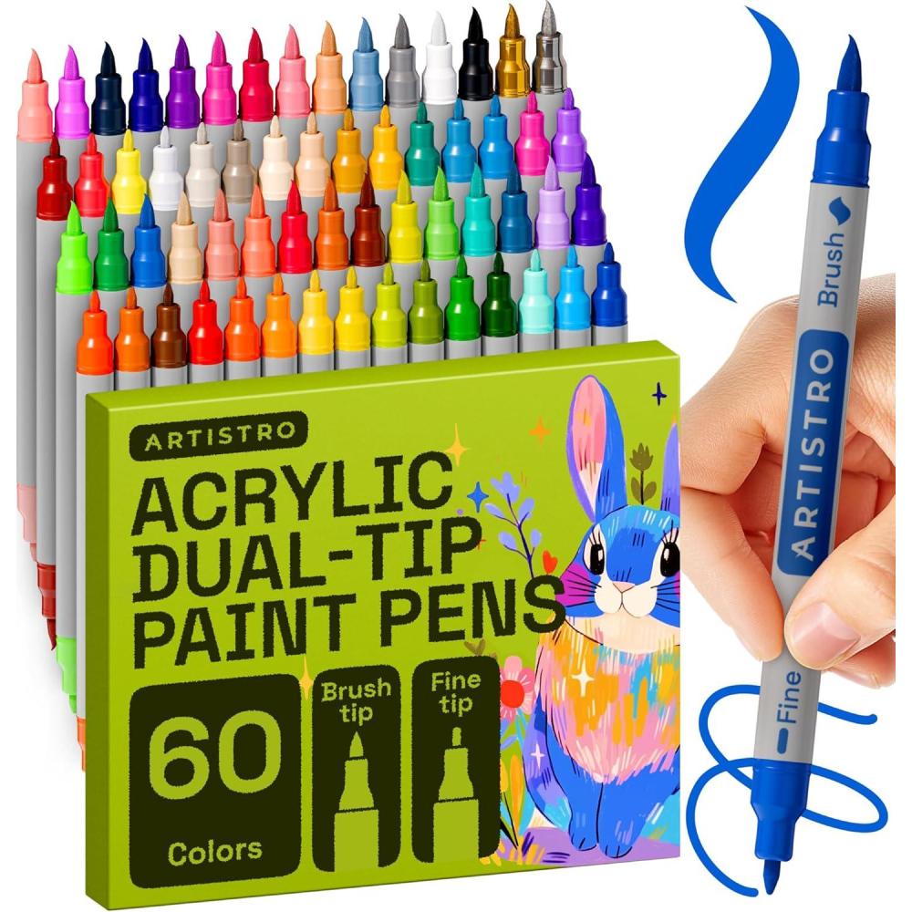 imageARTISTRO 60 Acrylic Paint Pens Dual Tip Brush Fine Ideal for Calligraphy Acrylic Paint Markers for Fabric Rock Glass Wood DIY Art Supplies Stocking Stuffers Christmas Gift Idea