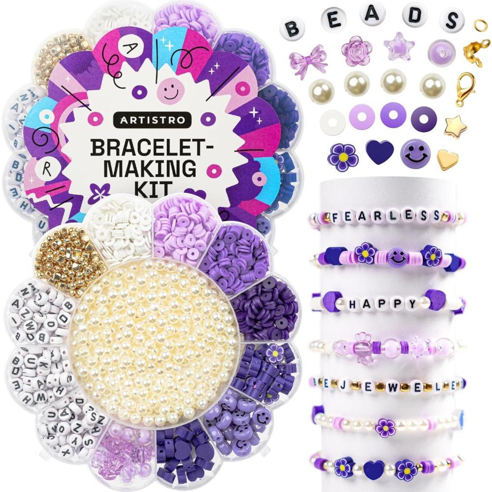 imageARTISTRO Bracelet Making Kit Friendship Bracelet Kit for Jewelry Making with Pearl Beads Clay Beads Letters Stars Flowers Hearts Pink Kandi Beads Set for Girls Boys and AdultsPurple