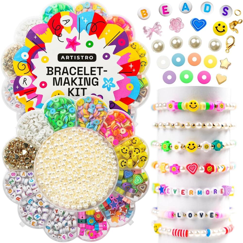 imageARTISTRO Bracelet Making Kit Friendship Bracelet Kit for Jewelry Making with Pearl Beads Clay Beads Letters Stars Flowers Hearts Pink Kandi Beads Set for Girls Boys and AdultsMulticolor