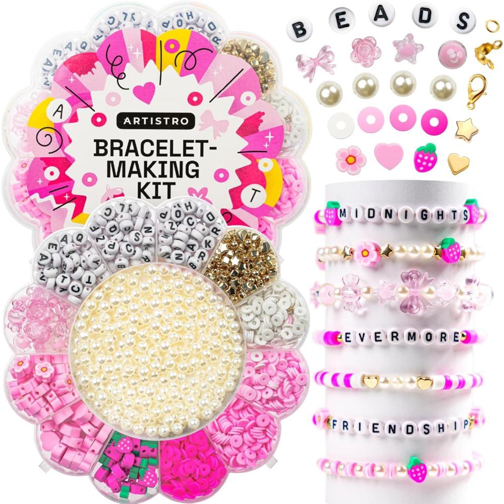 imageARTISTRO Bracelet Making Kit Friendship Bracelet Kit for Jewelry Making with Pearl Beads Clay Beads Letters Stars Flowers Hearts Pink Kandi Beads Set for Girls Boys and AdultsPink