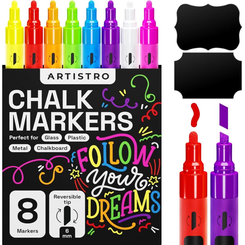 imageARTISTRO Liquid Chalk Markers Erasable PreActivated Medium Tip for Glass or First Day of School Sign Chalkboard Markers with White Chalk for Kids ampamp Adults Chisel Tip