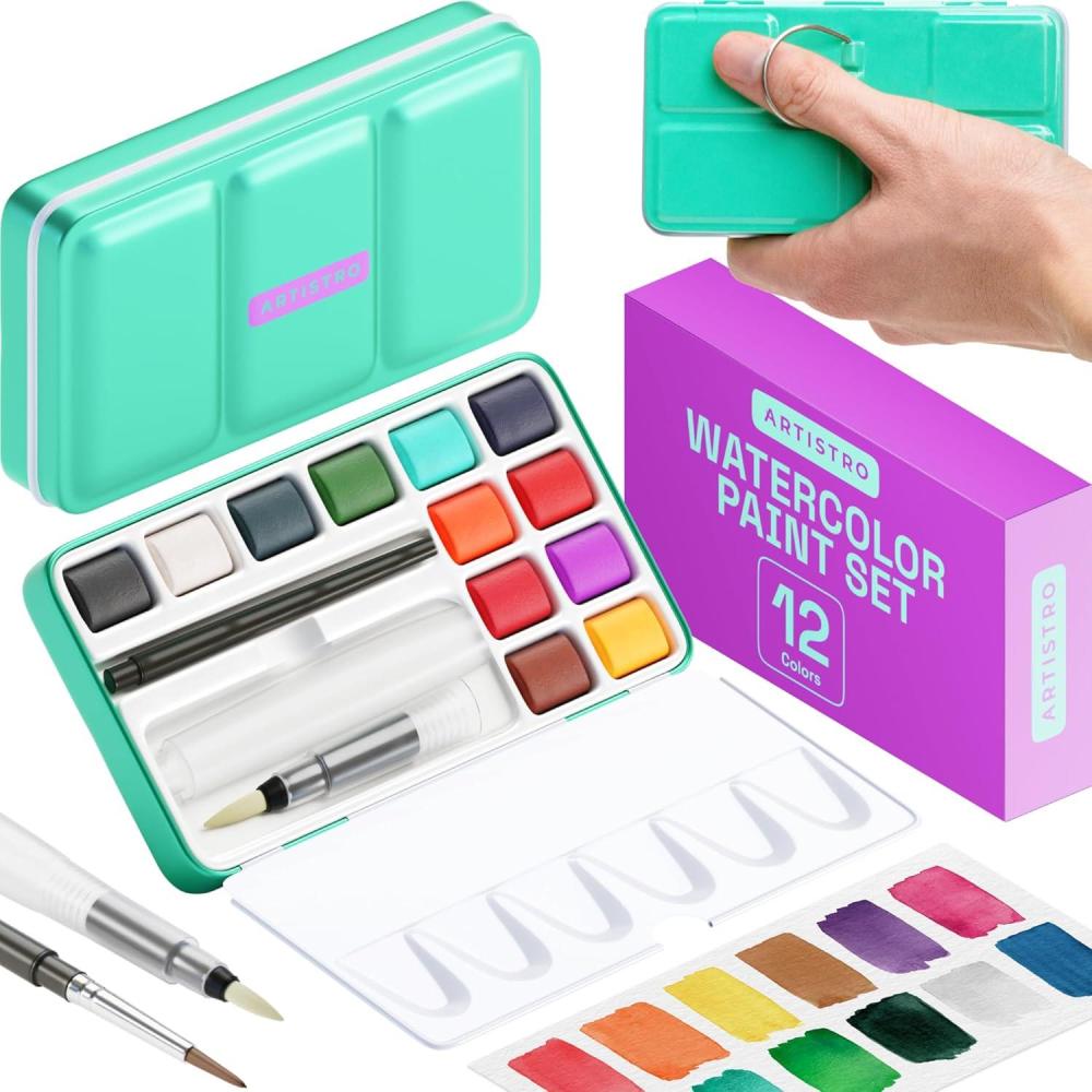 imageARTISTRO Metallic Watercolor Paints Set of 18 Palette set Including 12 Metallic Glitter Watercolor and 6 Chameleon Colors Perfect Travel Watercolor Set for Artists Amateur Hobbyists and Painting Lovers12 colors Portable Travel