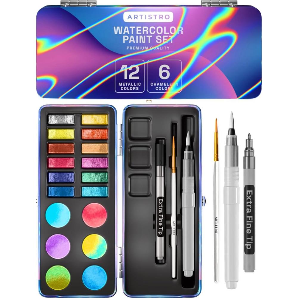 imageARTISTRO Metallic Watercolor Paints Set of 18 Palette set Including 12 Metallic Glitter Watercolor and 6 Chameleon Colors Perfect Travel Watercolor Set for Artists Amateur Hobbyists and Painting Lovers18 colors Metallic Portable Travel