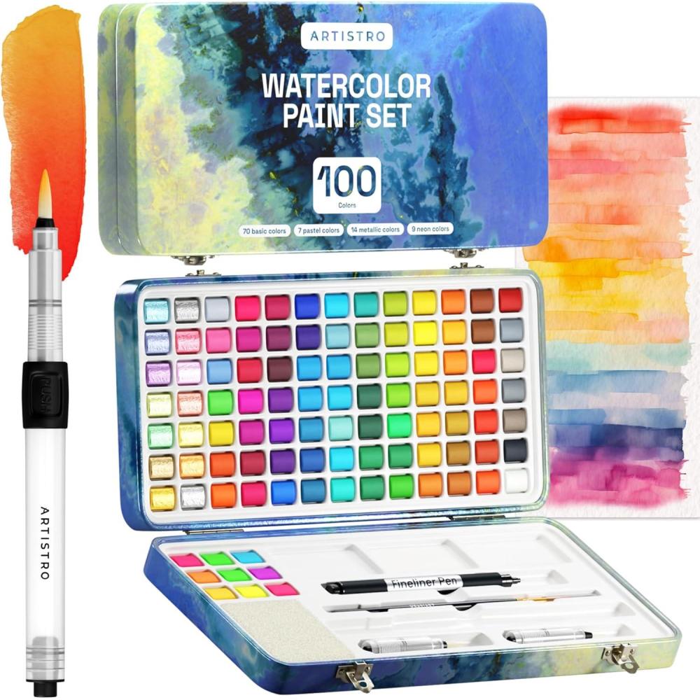 imageARTISTRO Metallic Watercolor Paints Set of 18 Palette set Including 12 Metallic Glitter Watercolor and 6 Chameleon Colors Perfect Travel Watercolor Set for Artists Amateur Hobbyists and Painting Lovers100 colors Full Size
