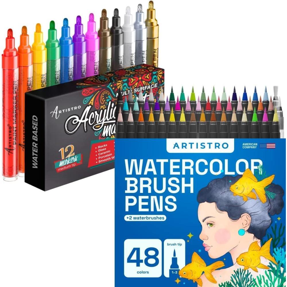 imageARTISTRO Watercolor Brush Pens 48 Colors Set 2 Water Brush Pens with 12 Set Acrylic Paint Pens Medium Tip