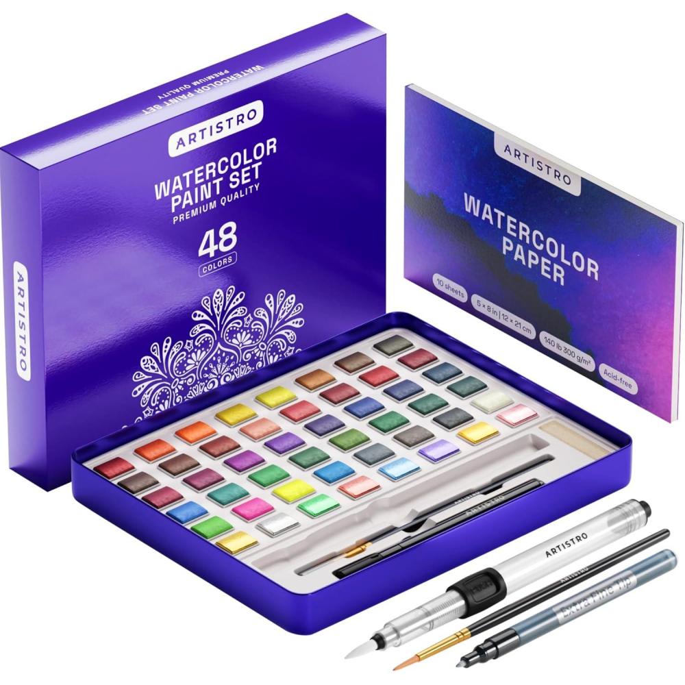 imageARTISTRO Watercolor Paint Set 48 Vivid Colors in Portable Box Including Metallic ampamp Fluorescent Shades Travel Art Kit for Artists Hobbyists ampamp Painting Lovers Premium Home
