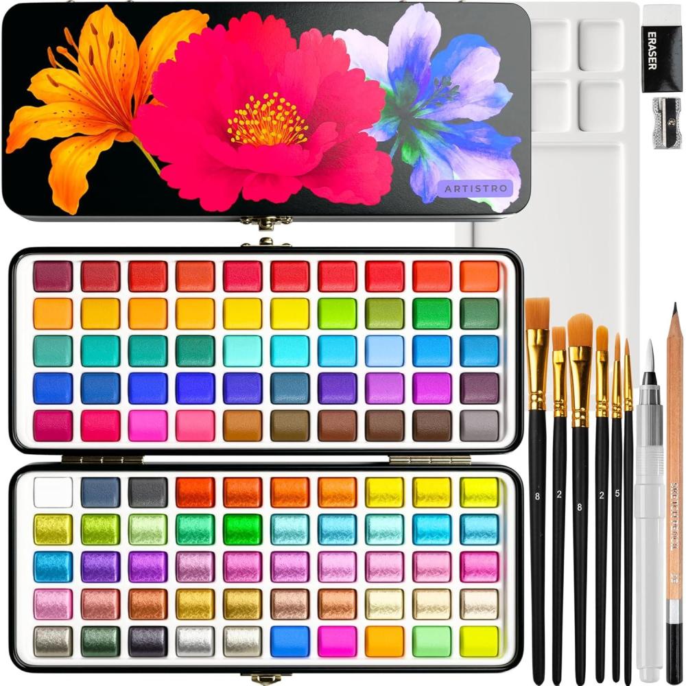 imageARTISTRO Watercolor Paint Set in Portable Box Includes Metallic and Fluorescent Paints 2 x Brushes Watercolour Paper Acrylic Markers Travel kit for Artist and Beginners100 Colors