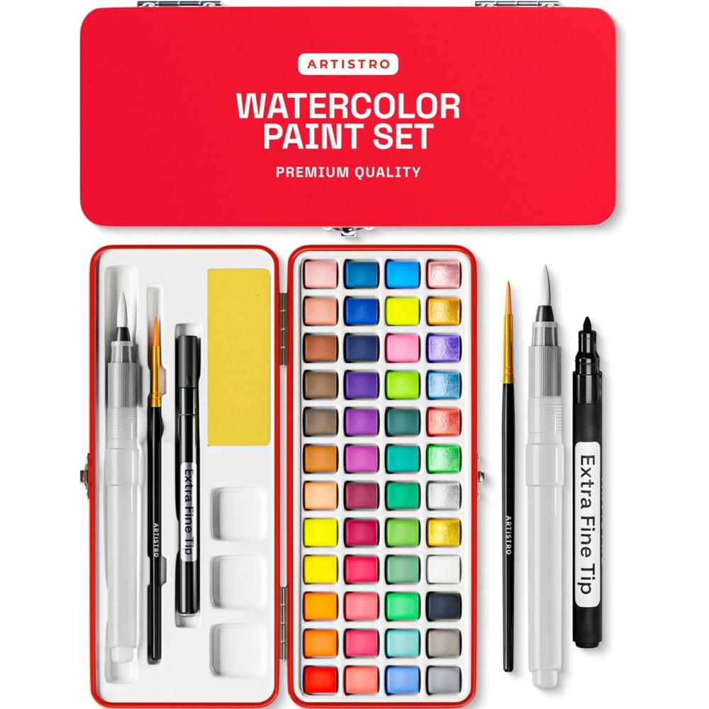 imageARTISTRO Watercolor Paint Set in Portable Box Includes Metallic and Fluorescent Paints 2 x Brushes Watercolour Paper Acrylic Markers Travel kit for Artist and Beginners50 Colors