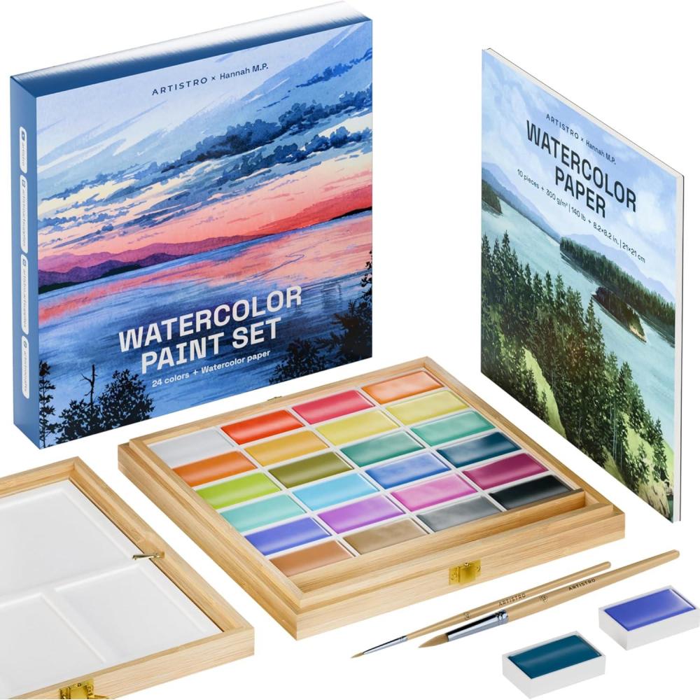 imageARTISTRO x HANNAH MP Professional Watercolor Paint Set Limited Edition with 24 colors in Bamboo Wooden Box 6ml XL Pans 2 Brushes Watercolor Paper Mixing Tray Watercolor Set for Professionals made by professionals