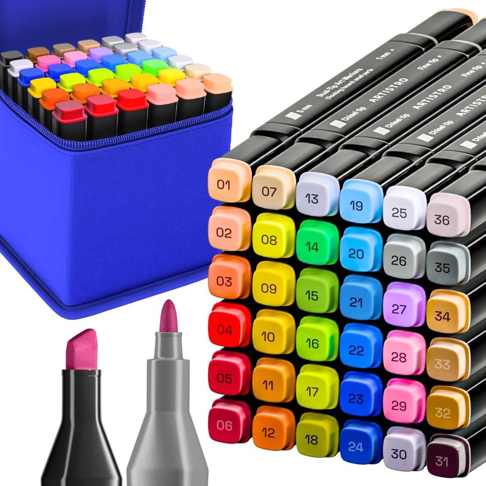 imageAlcohol Dual Tip Markers Set of 36 with No Bleed Ink Bonus Case and Vibrant FadeResistant Colors Art Supplies for Sketching Manga Drawing Adult Coloring Books Card Making Fine ampamp Chisel36 markers