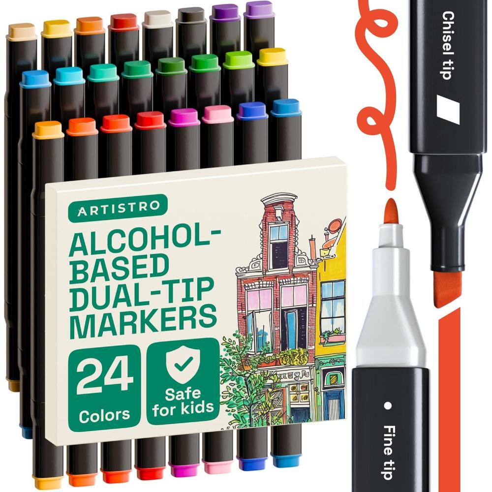 imageAlcohol Dual Tip Markers Set of 36 with No Bleed Ink Bonus Case and Vibrant FadeResistant Colors Art Supplies for Sketching Manga Drawing Adult Coloring Books Card Making Fine ampamp Chisel24 markers