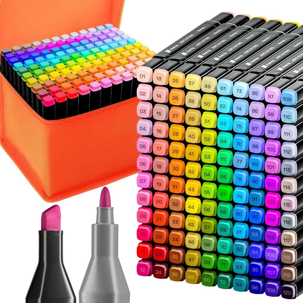 imageAlcohol Dual Tip Markers Set of 60 with No Bleed Ink Bonus Case and Vibrant FadeResistant Colors Art Supplies for Sketching Manga Drawing Adult Coloring Books Card Making Fine ampamp Chisel120 Markers