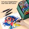 Alcohol Dual Tip Markers Set of 60 with No Bleed Ink, Bonus Case and Vibrant Fade-Resistant Colors, Art Supplies for Sketching, Manga, Drawing, Adult Coloring Books, Card Making (Fine & Chisel)(60 Markers)