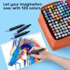 Alcohol Dual Tip Markers Set of 60 with No Bleed Ink, Bonus Case and Vibrant Fade-Resistant Colors, Art Supplies for Sketching, Manga, Drawing, Adult Coloring Books, Card Making (Fine & Chisel)(120 Markers)