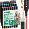 Alcohol Dual Tip Markers Set of 36 with No Bleed Ink, Bonus Case and Vibrant Fade-Resistant Colors, Art Supplies for Sketching, Manga, Drawing, Adult Coloring Books, Card Making (Fine & Chisel)(24 markers)