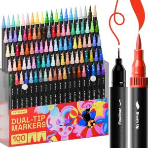 ARTISTRO 36 Brush Marker Pens Coloring Markers for Adults Brush Tip & 0.4mm Fineliner Pens Coloring Markers No Bleeding(100 dual tip brush + fineliner)