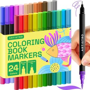 ARTISTRO 36 Brush Marker Pens Coloring Markers for Adults Brush Tip & 0.4mm Fineliner Pens Coloring Markers No Bleeding(24 dual tip brush + fineliner)