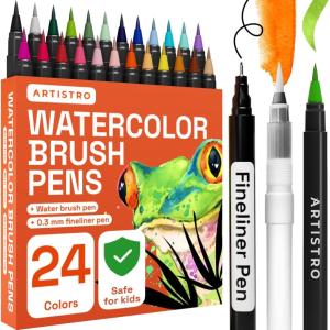 ARTISTRO 48 Watercolor Markers with Flexible Paint Brush Pens for Pros & Beginners – Consistent, Smooth, Bright, Washable, Non-Toxic, Ideal for Coloring, Calligraphy, & Manga(24 Brush Tip)