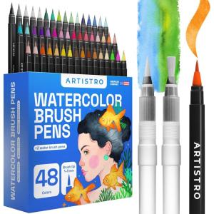ARTISTRO 48 Watercolor Markers with Flexible Paint Brush Pens for Pros & Beginners – Consistent, Smooth, Bright, Washable, Non-Toxic, Ideal for Coloring, Calligraphy, & Manga(48 Brush Tip)