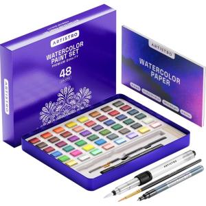 ARTISTRO Watercolor Paint Set – 48 Vivid Colors in Portable Box, Including Metallic & Fluorescent Shades – Travel Art Kit for Artists, Hobbyists & Painting Lovers (Premium Home)