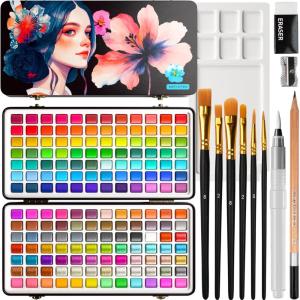 ARTISTRO Watercolor Paint Set in Portable Box, Includes Metallic and Fluorescent Paints, 2 x Brushes, Watercolour Paper, Acrylic Markers, Travel kit for Artist and Beginners(168 Colors)