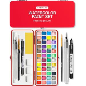 ARTISTRO Watercolor Paint Set in Portable Box, Includes Metallic and Fluorescent Paints, 2 x Brushes, Watercolour Paper, Acrylic Markers, Travel kit for Artist and Beginners(50 Colors)