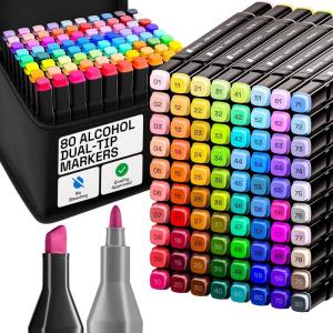 Alcohol Dual Tip Markers Set of 60 with No Bleed Ink, Bonus Case and Vibrant Fade-Resistant Colors, Art Supplies for Sketching, Manga, Drawing, Adult Coloring Books, Card Making (Fine & Chisel)(80 Markers)