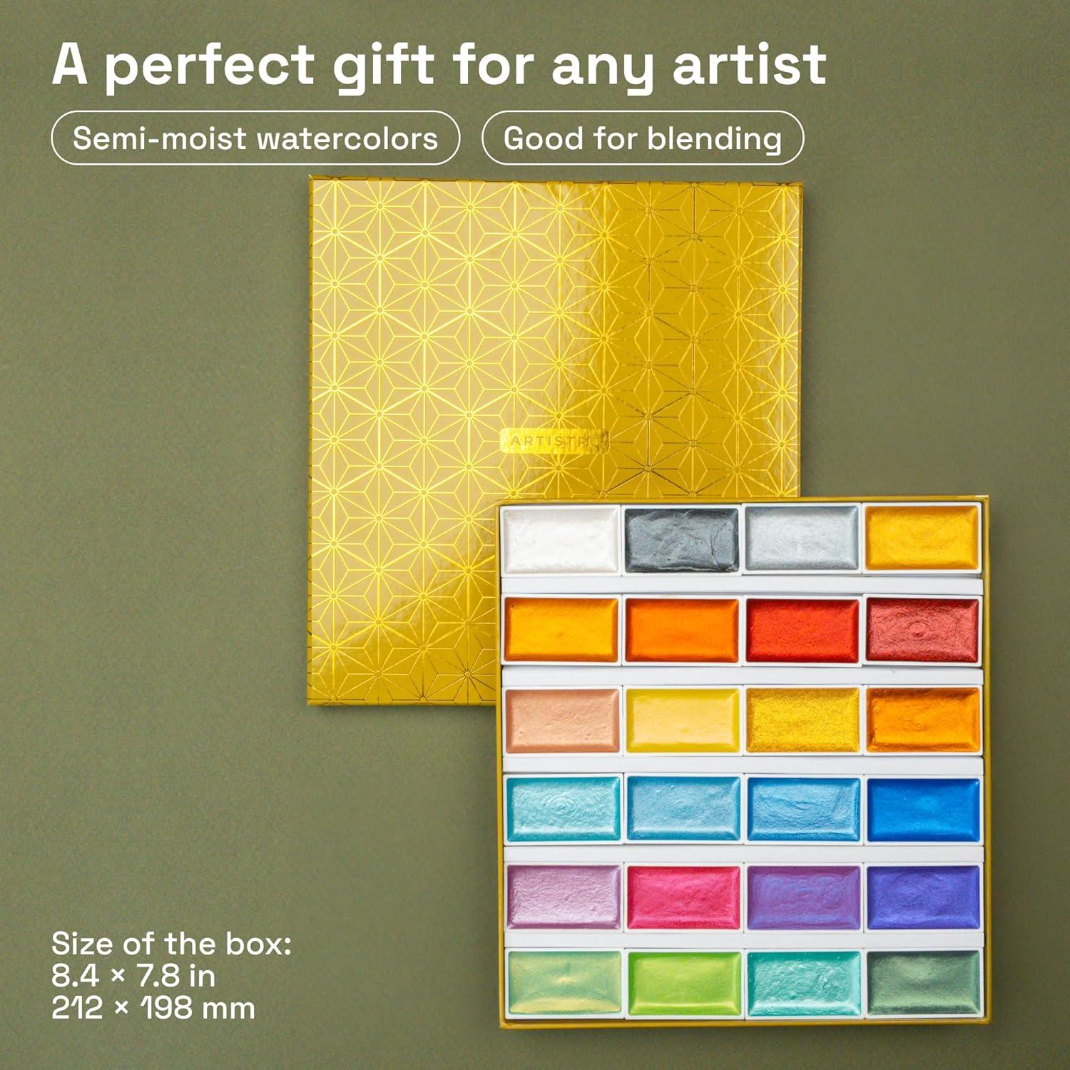 imageARTISTRO Professional Watercolor Paint Set for Adults  24 PigmentRich Colors XL Pans ASTMI Lightfastness High Tinting Strength Watercolor Set for Professionals made by Professionals24 Metallic Colors