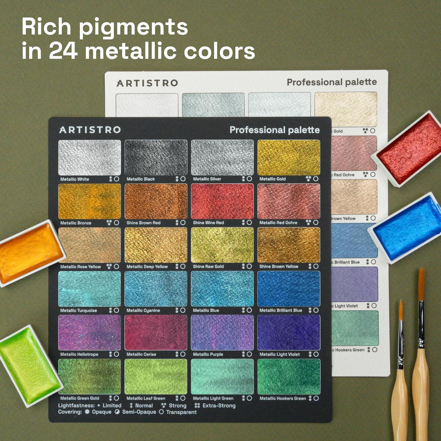 imageARTISTRO Professional Watercolor Paint Set for Adults  24 PigmentRich Colors XL Pans ASTMI Lightfastness High Tinting Strength Watercolor Set for Professionals made by Professionals24 Metallic Colors