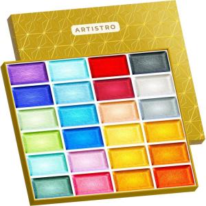 ARTISTRO Professional Watercolor Paint Set for Adults – 24 Pigment-Rich Colors, XL Pans, ASTM-I Lightfastness, High Tinting Strength Watercolor Set for Professionals made by Professionals(24 Metallic Colors)