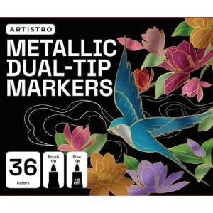 ARTISTRO 36 Metallic Dual-Tip Acrylic Paint Markers for Rock, Canvas, Glass, Wood, & More Fine + Brush Tips