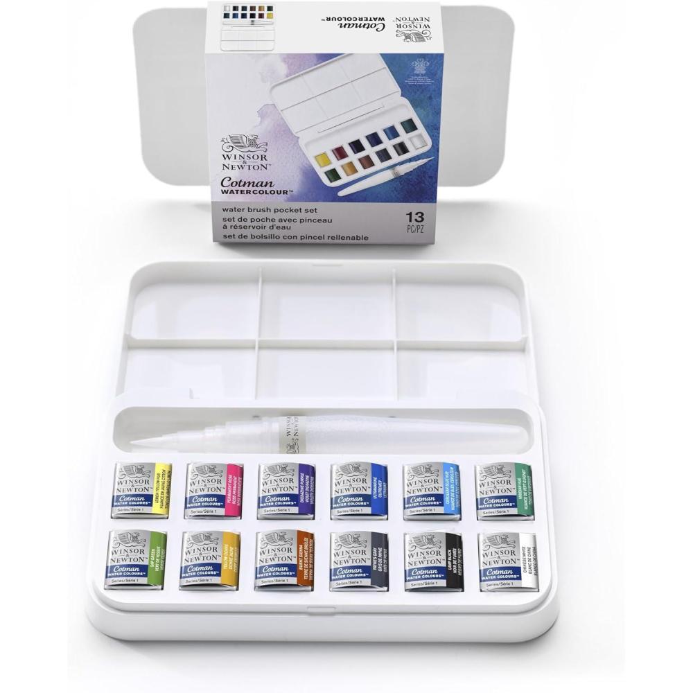 imageWinsor ampamp Newton Cotman Watercolor Paint Set 8 Half Pan Floral Colors w Brush12 Half Pan Water Brush Set