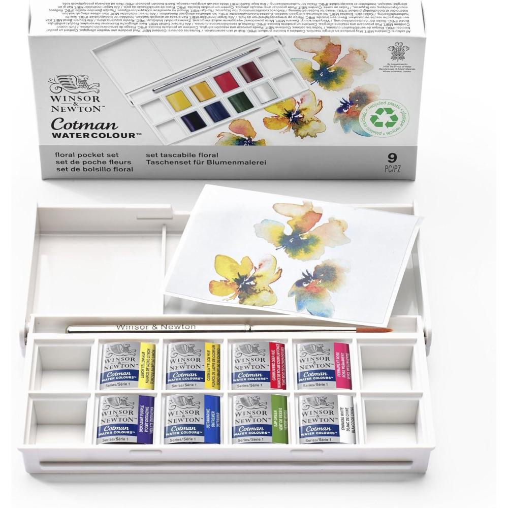 imageWinsor ampamp Newton Cotman Watercolor Paint Set 8 Half Pan Floral Colors w Brush8 Half Pan Floral Colors