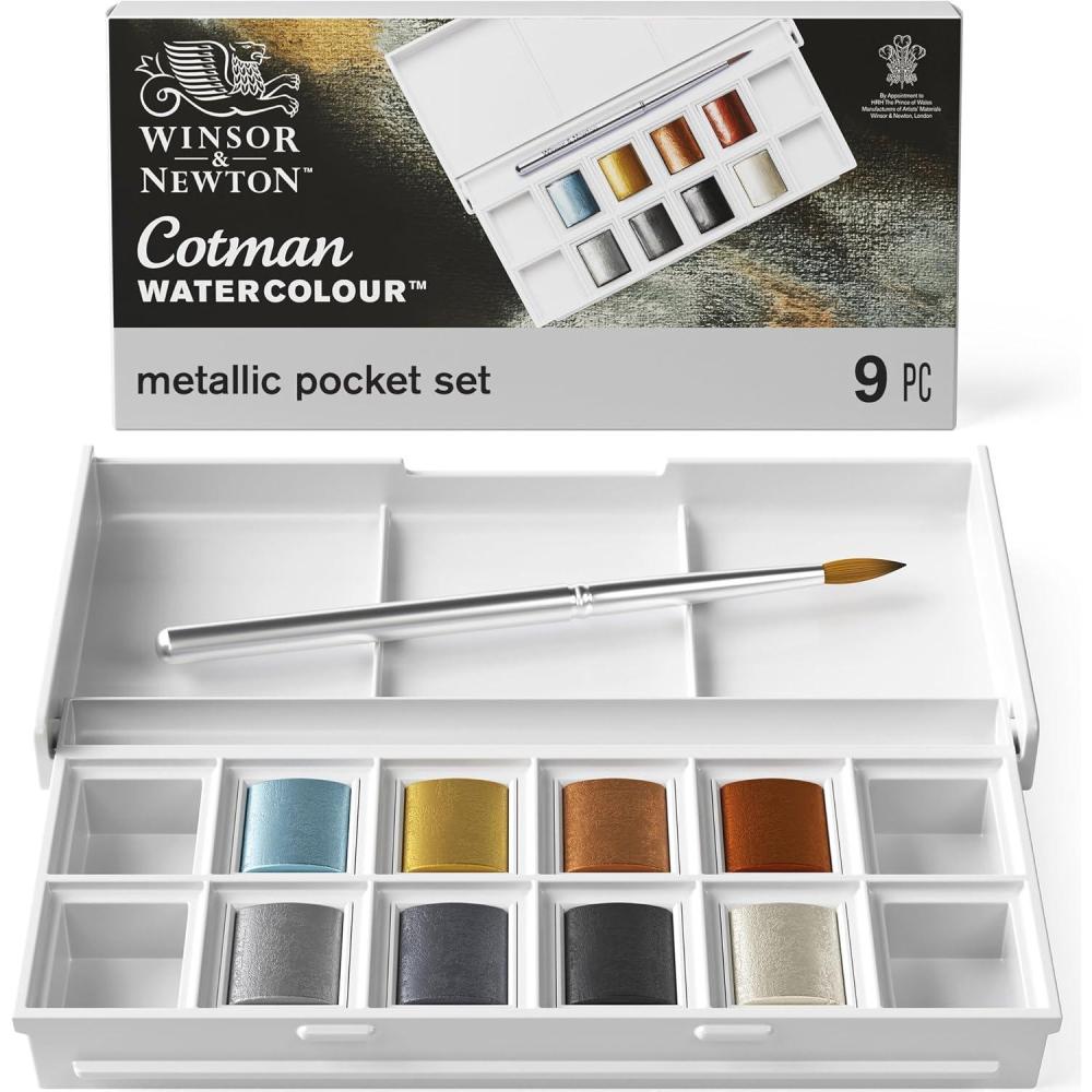 imageWinsor ampamp Newton Cotman Watercolor Paint Set 8 Half Pan Floral Colors w Brush8 Half Pan Metallic Colors