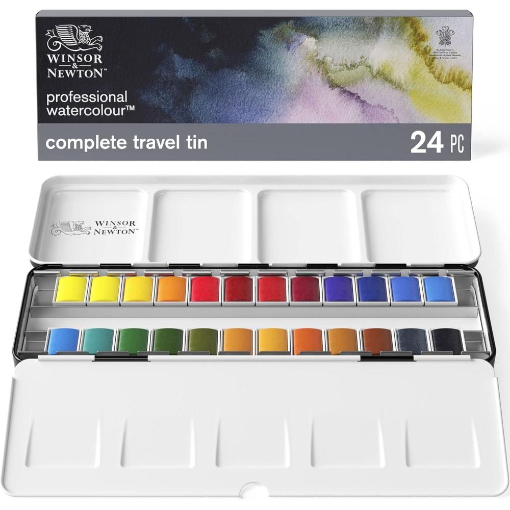imageWinsor ampamp Newton Professional Watercolor Paint Set Lightweight Metal Box 24 Half PanLightweight Metal Box 24 Half Pan
