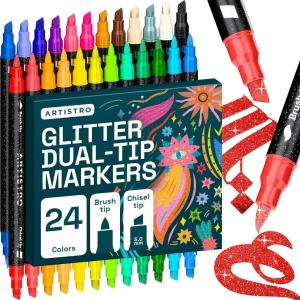 ARTISTRO 24 Sparkly Glitter Dual-Tip Paint Pens – Dazzling Markers with Acrylic Ink for Rock, Ceramic, Wood, Fabric, & More – Brush + Chisel Tips(Glitter)