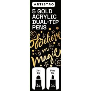 ARTISTRO 5 Gold Dual-Tip Acrylic Paint Pens for Rock, Ceramic, Glass, Wood, Fabric – Black Markers for Acrylic Painting, 5mm Dot + 1mm Fine Tips