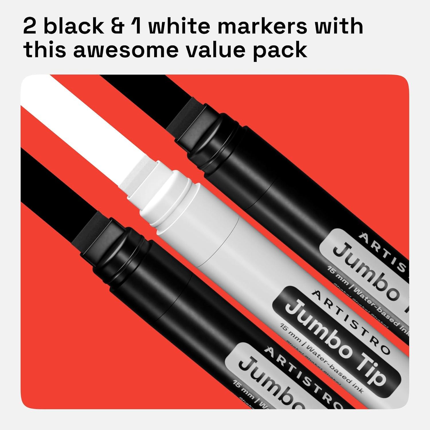 imageARTISTRO Jumbo Markers Set  2 Black ampamp 1 White Acrylic Markers with 15mm Wide Jumbo Tip for Murals Posters Rock Wood Plastic Leather Metal Fabric Ceramic