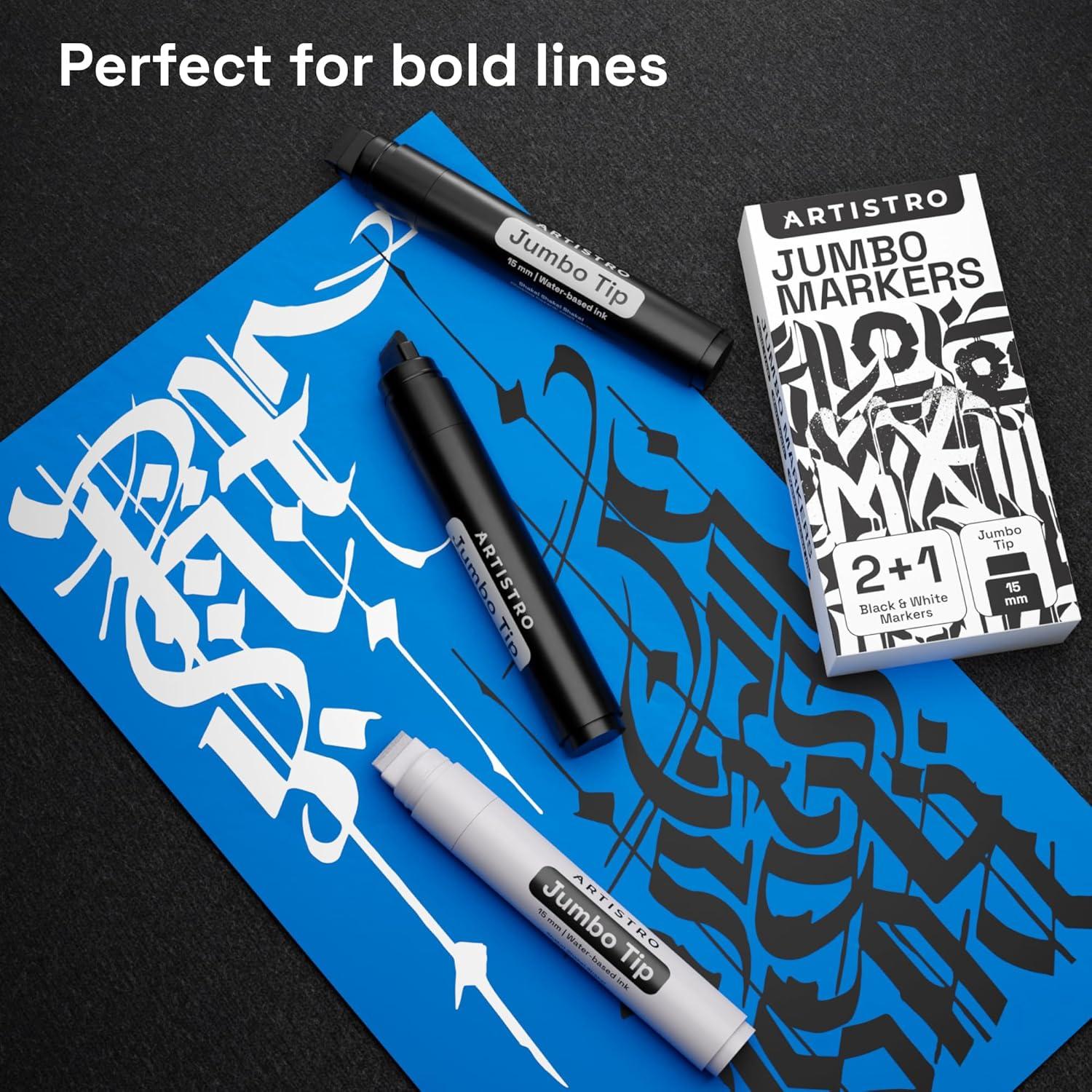 imageARTISTRO Jumbo Markers Set  2 Black ampamp 1 White Acrylic Markers with 15mm Wide Jumbo Tip for Murals Posters Rock Wood Plastic Leather Metal Fabric Ceramic