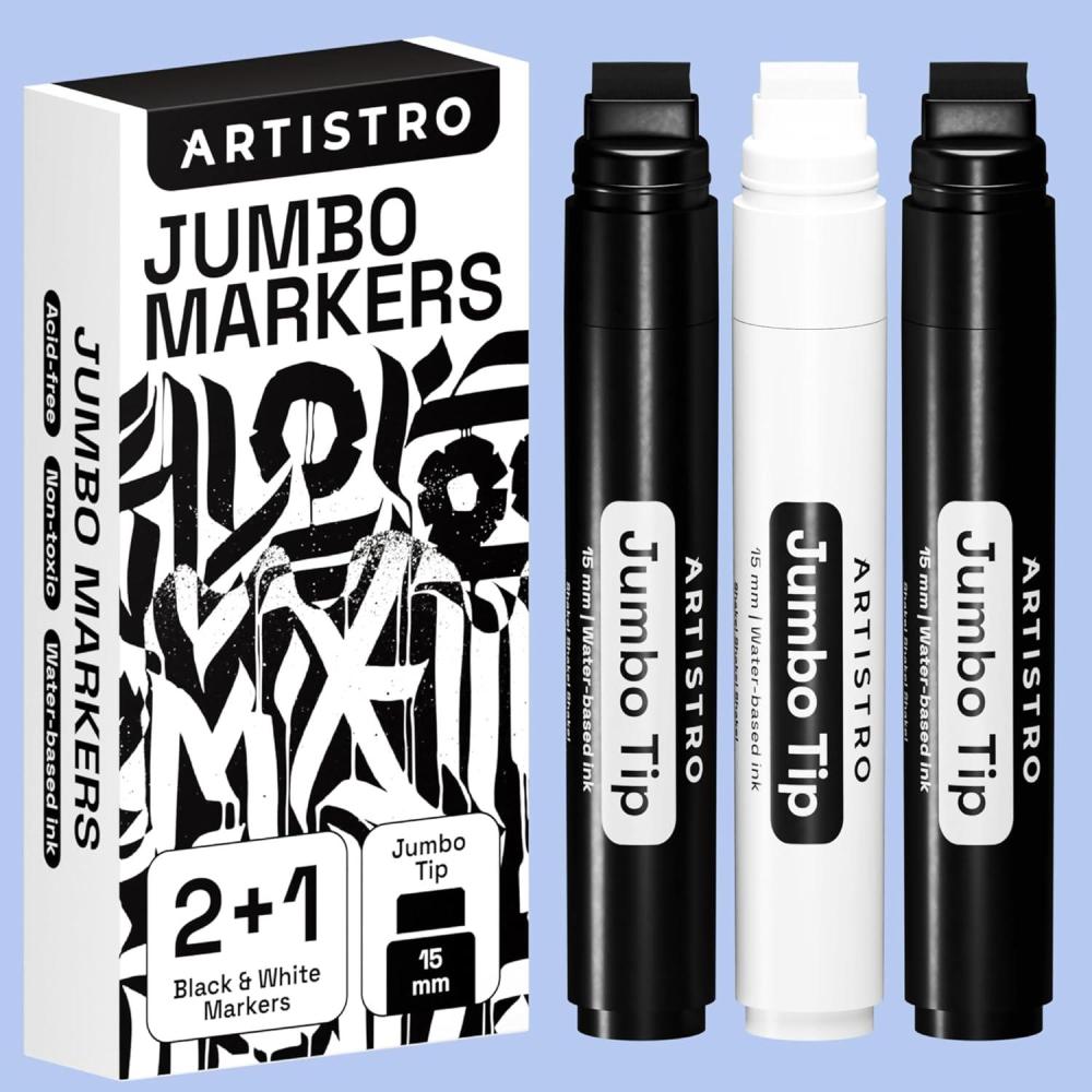 imageARTISTRO Jumbo Markers Set  2 Black ampamp 1 White Acrylic Markers with 15mm Wide Jumbo Tip for Murals Posters Rock Wood Plastic Leather Metal Fabric Ceramic