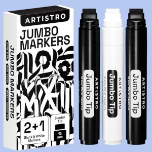 ARTISTRO Jumbo Markers Set – 2 Black & 1 White Acrylic Markers with 15mm Wide Jumbo Tip for Murals, Posters, Rock, Wood, Plastic, Leather, Metal, Fabric, Ceramic