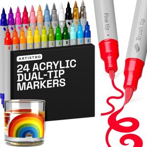 ARTISTRO 24 Glass Acrylic Paint Markers – Paint Pens with Brush + Fine Dual-Tip Combo