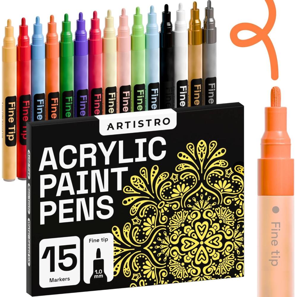 imageARTISTRO 15 Acrylic Paint Markers for Fabric Rocks Paper Wood Canvas Glass DIY Safe for Kids Dual Tip Acrylic Paint Pens Fine Tip 12