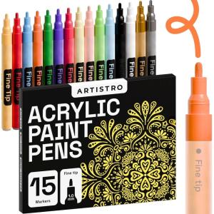 ARTISTRO 15 Acrylic Paint Markers for Fabric, Rocks, Paper, Wood, Canvas, Glass, DIY – Safe for Kids Dual Tip Acrylic Paint Pens (Fine Tip, 12)