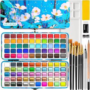 ARTISTRO 100 Ultimate Watercolors Paint Set – Vivid Colors in a Portable Box – Travel Watercolor Set with Complete Palette
